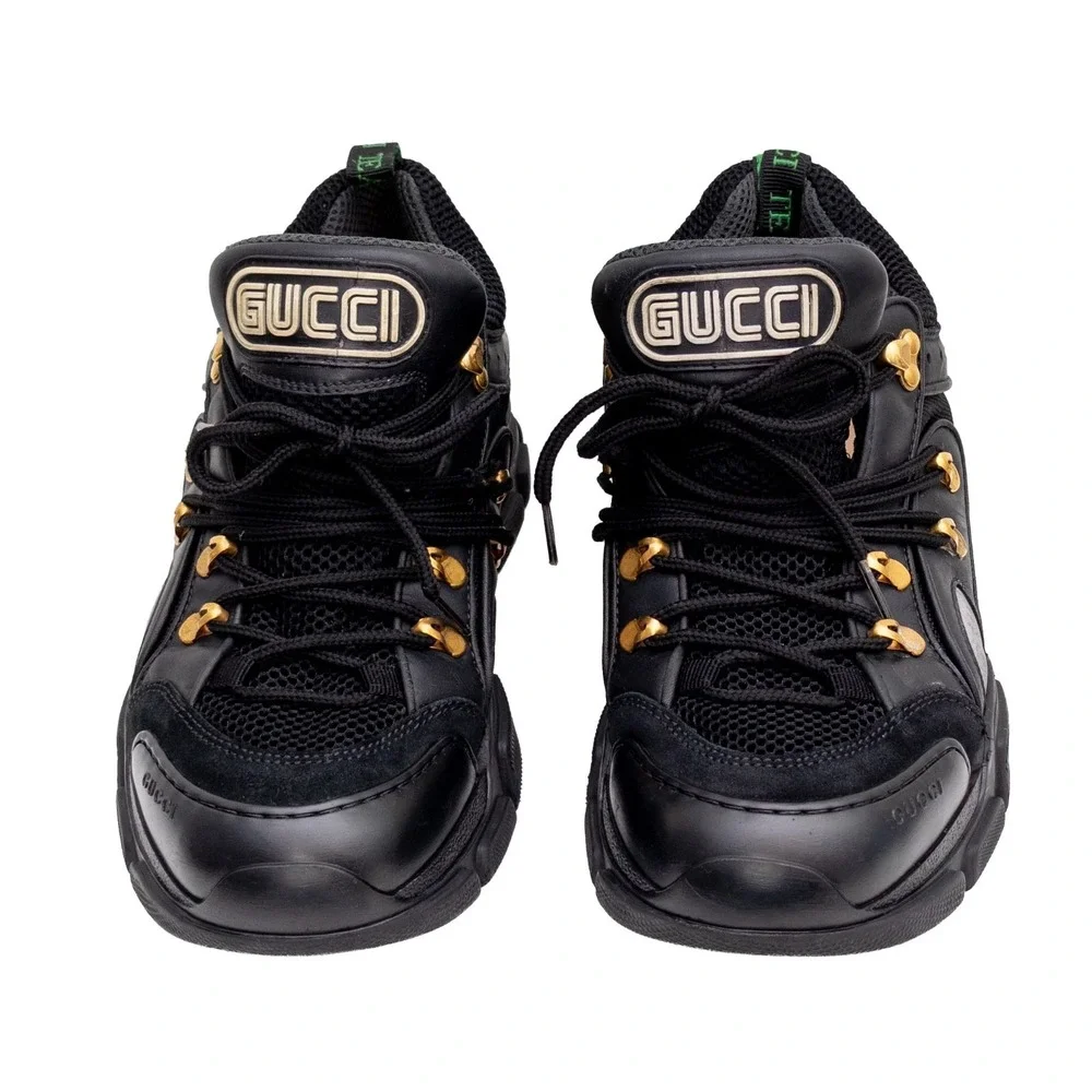 Gucci Flashtrek Chunky Sneakers Black Gold Mesh Leather Low Top Shoes (8.5 US)